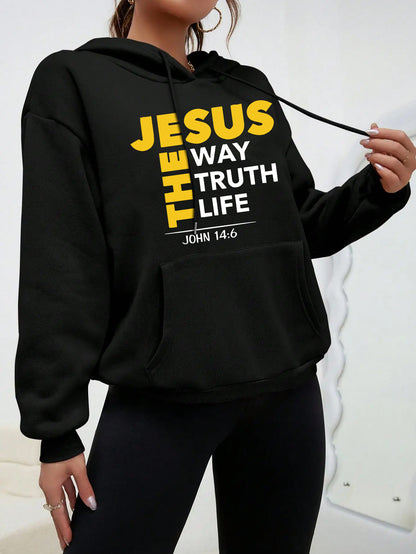 Sweat à capuche imprimé verset biblique pour femme - Pull en polyester tricoté, style décontracté, confort doublé en polaire