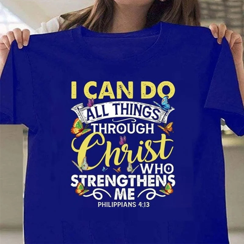 T-shirt pour femme à manches courtes col rond. "Je peux tout faire à travers le Christ"