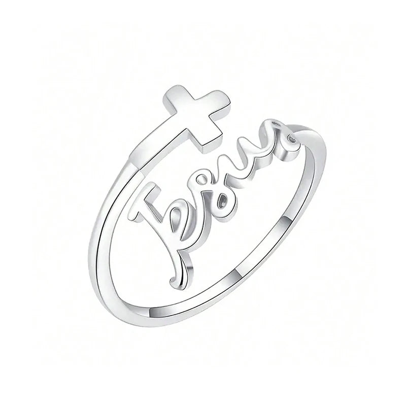 Bague réglable en argent plaqué avec croix