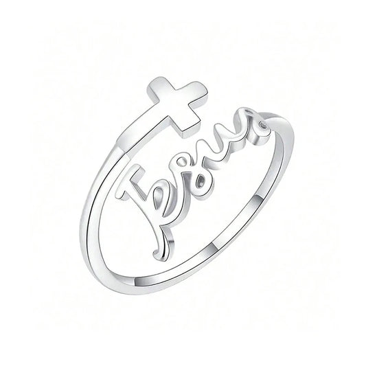 Bague réglable en argent plaqué avec croix