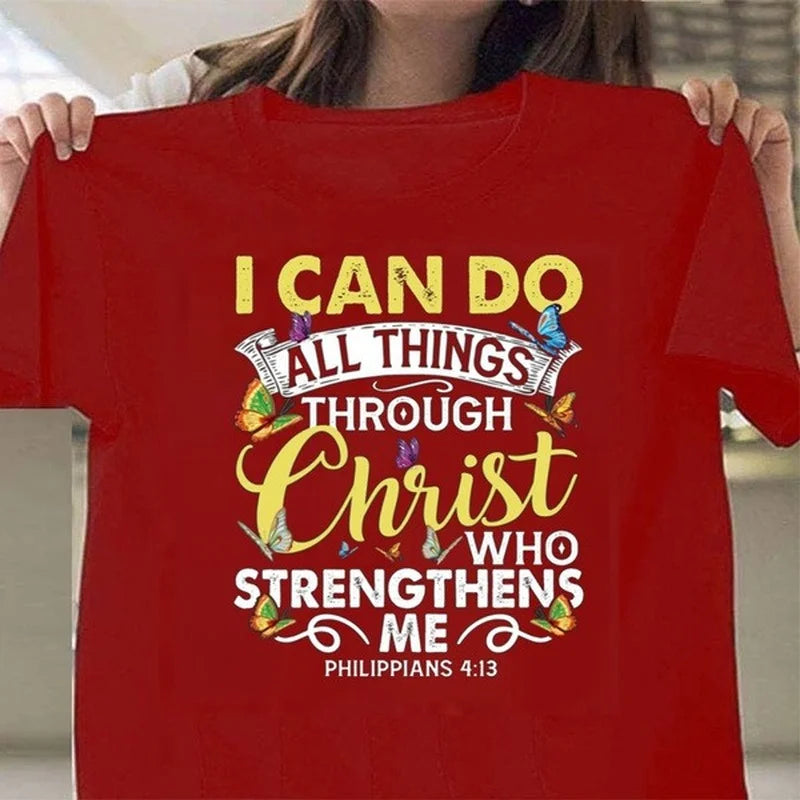 T-shirt pour femme à manches courtes col rond. "Je peux tout faire à travers le Christ"