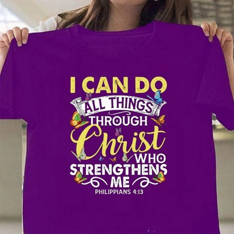 T-shirt pour femme à manches courtes col rond. "Je peux tout faire à travers le Christ"