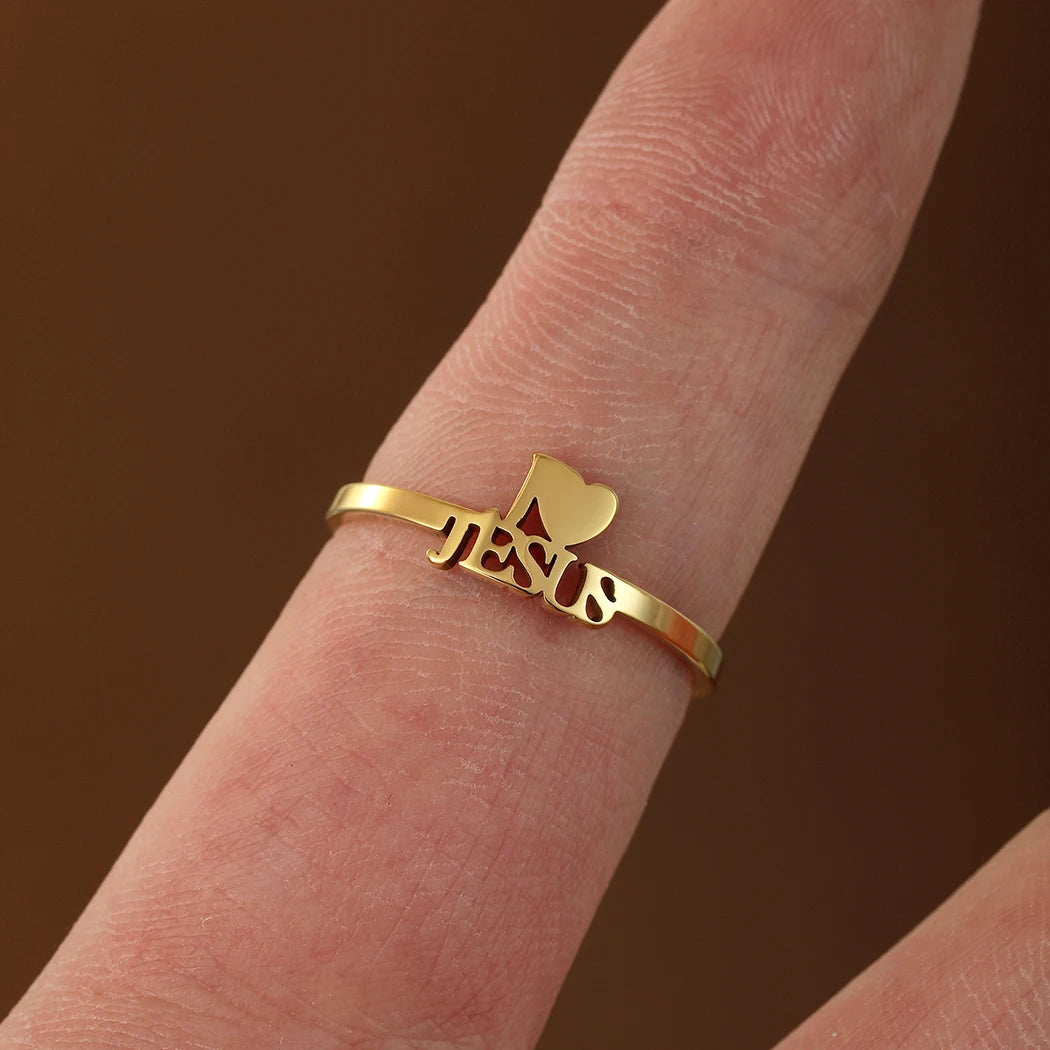 Bague en acier inoxydable avec inscription "J'aime Jésus"