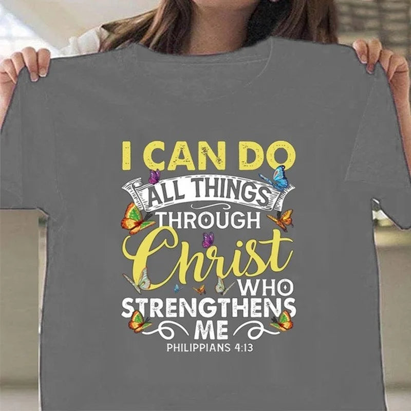 T-shirt pour femme à manches courtes col rond. "Je peux tout faire à travers le Christ"